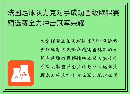 法国足球队力克对手成功晋级欧锦赛预选赛全力冲击冠军荣耀
