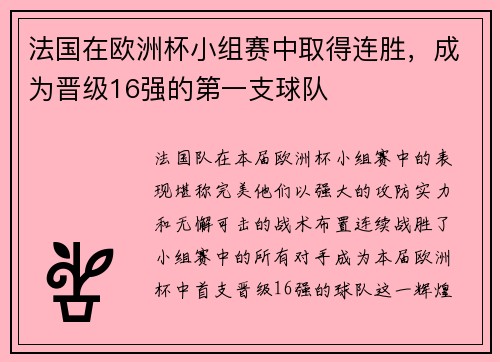 法国在欧洲杯小组赛中取得连胜，成为晋级16强的第一支球队