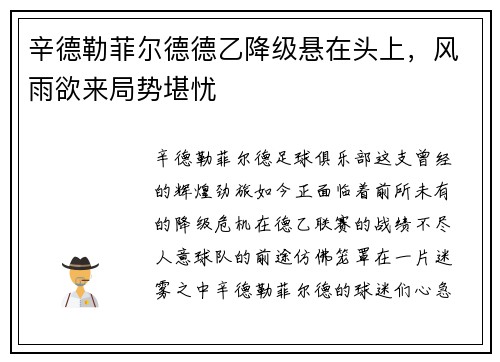 辛德勒菲尔德德乙降级悬在头上，风雨欲来局势堪忧