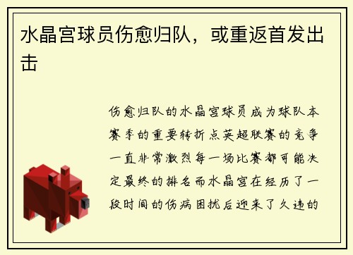水晶宫球员伤愈归队，或重返首发出击