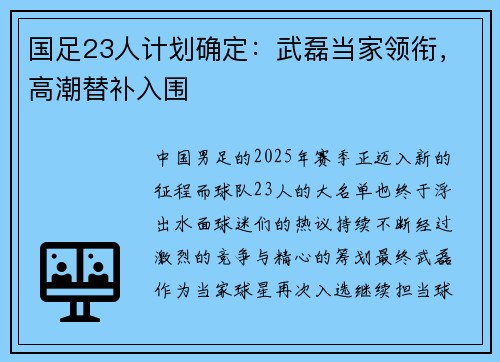 国足23人计划确定：武磊当家领衔，高潮替补入围