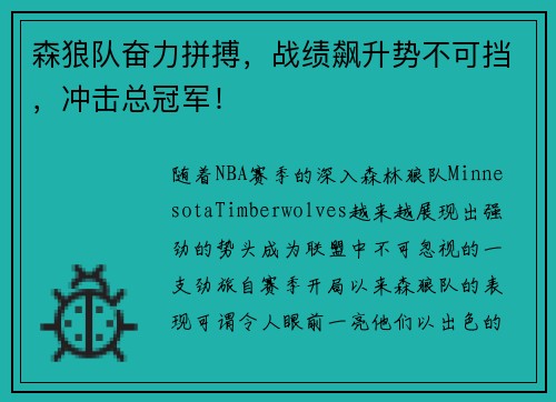 森狼队奋力拼搏，战绩飙升势不可挡，冲击总冠军！