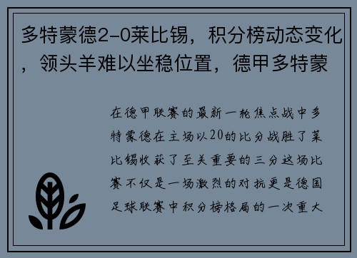 多特蒙德2-0莱比锡，积分榜动态变化，领头羊难以坐稳位置，德甲多特蒙德对莱比锡