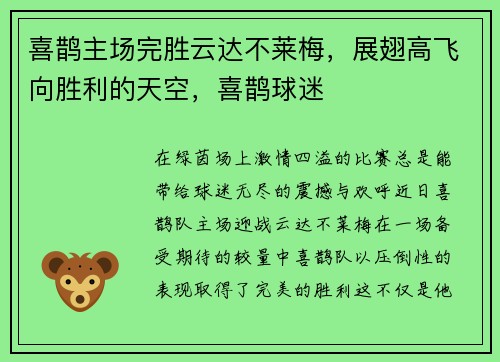 喜鹊主场完胜云达不莱梅，展翅高飞向胜利的天空，喜鹊球迷