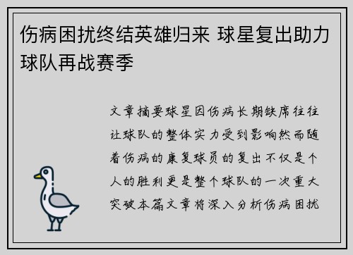伤病困扰终结英雄归来 球星复出助力球队再战赛季